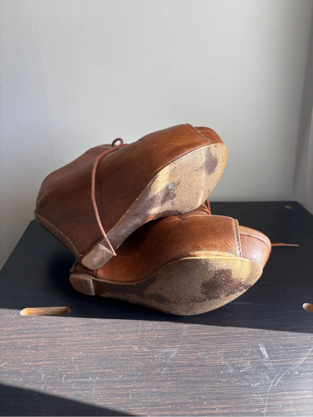 Zara Brown Leather Peep-Toe Wedge Booties rare style real leather